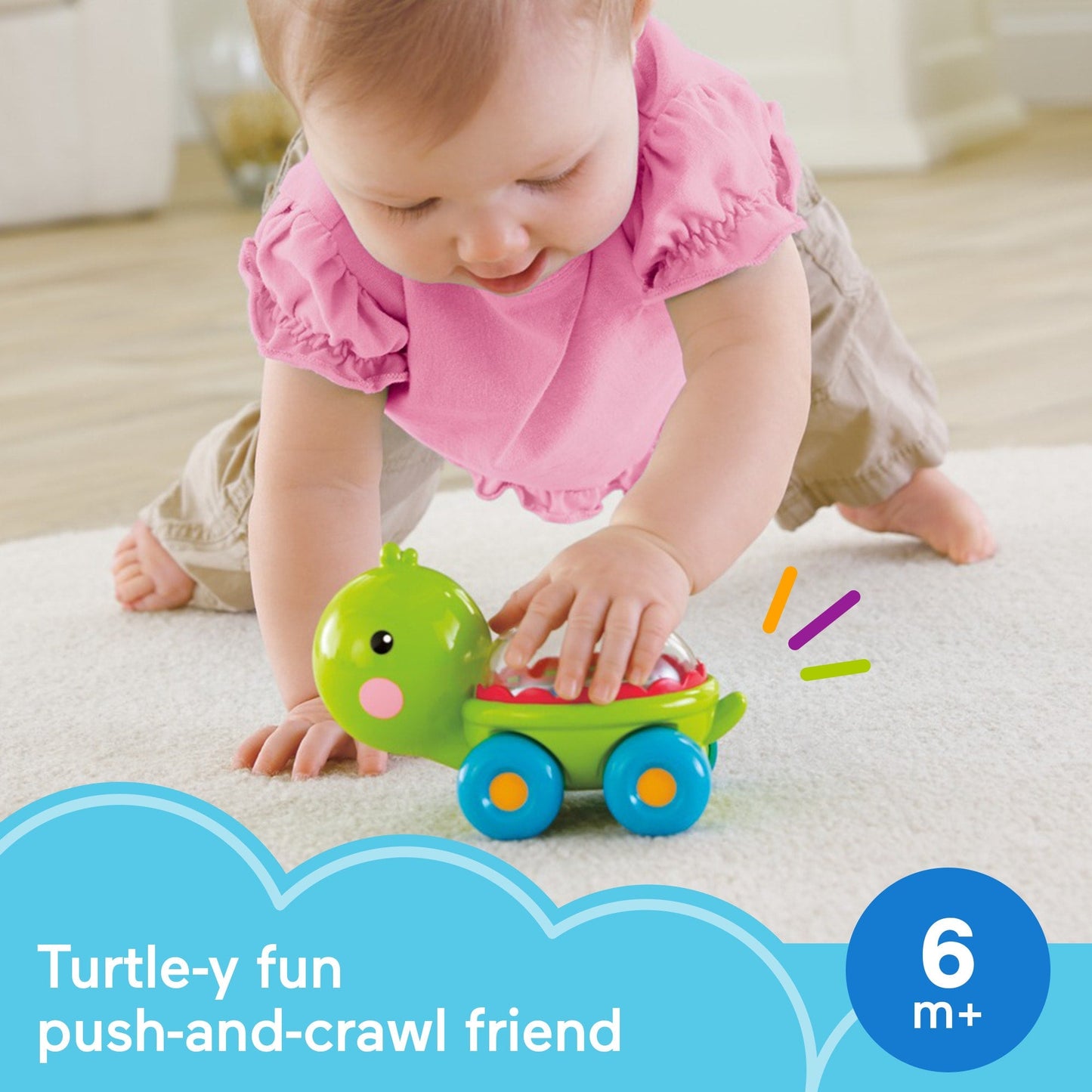 Bloomila Poppity Pop Turtle Push-Along Vehicle With Sounds For Infant Crawling Play