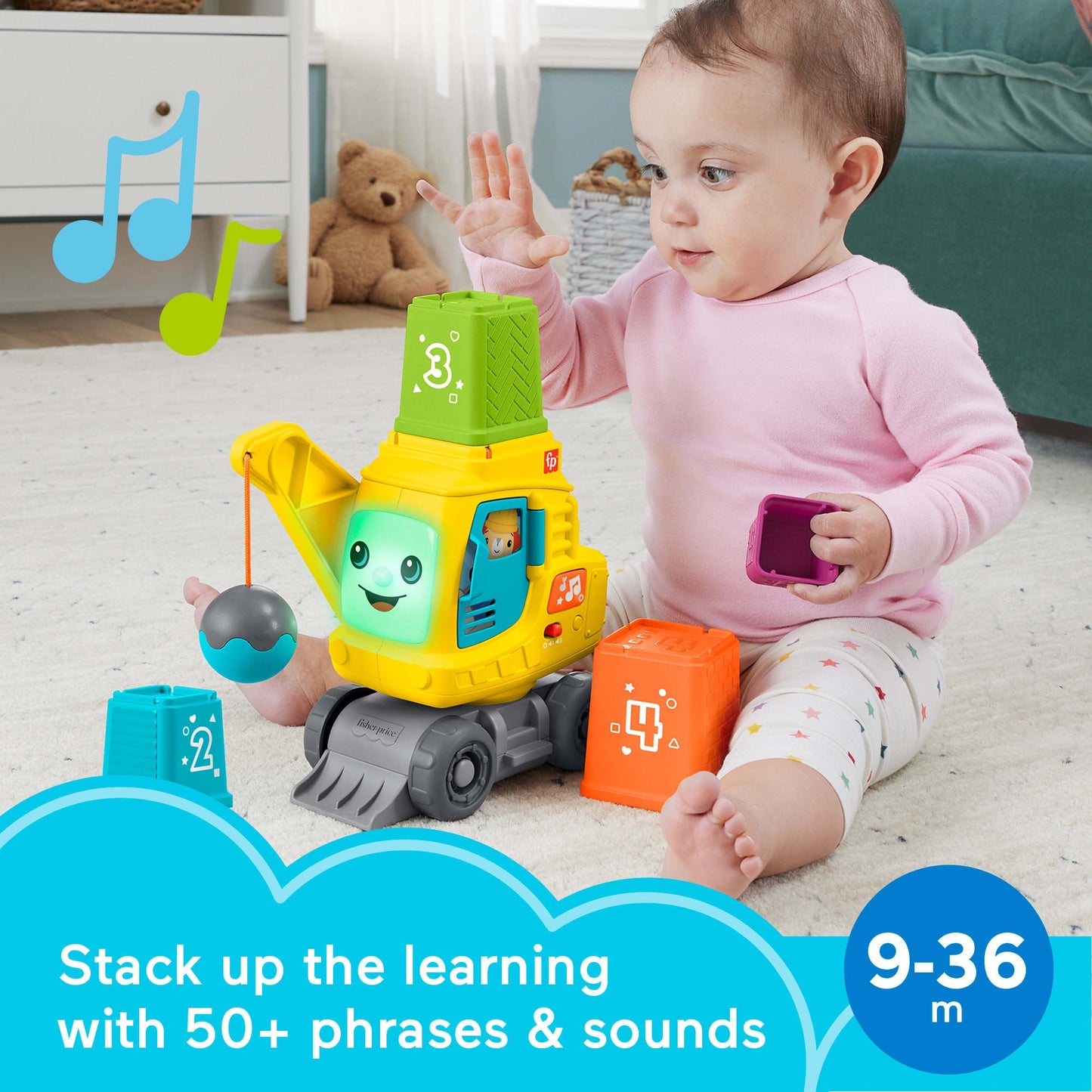 Bloomila Count & Stack Crane Baby & Toddler Learning Toy With Blocks, Lights & Sounds
