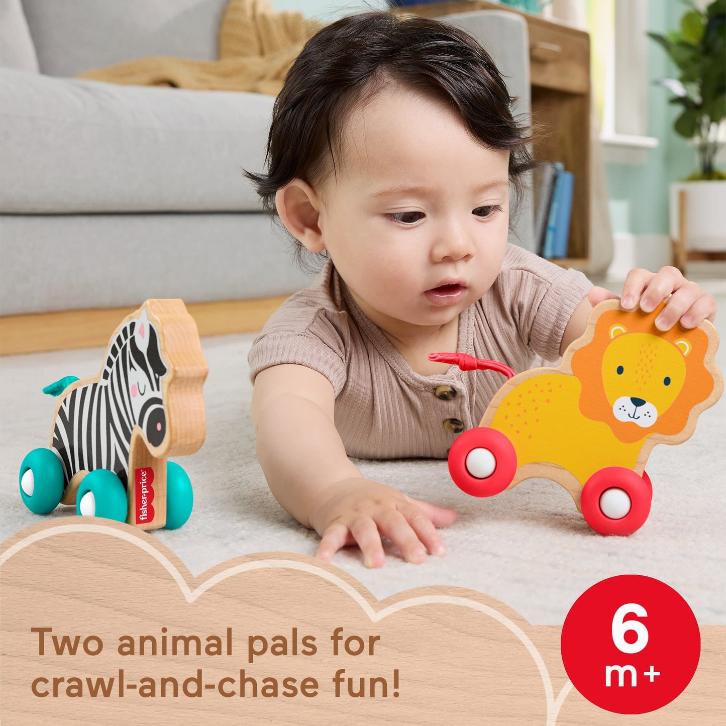 Bloomila Wooden Push Along Animals, Lion & Zebra Toy Vehicles For Baby Crawling Play