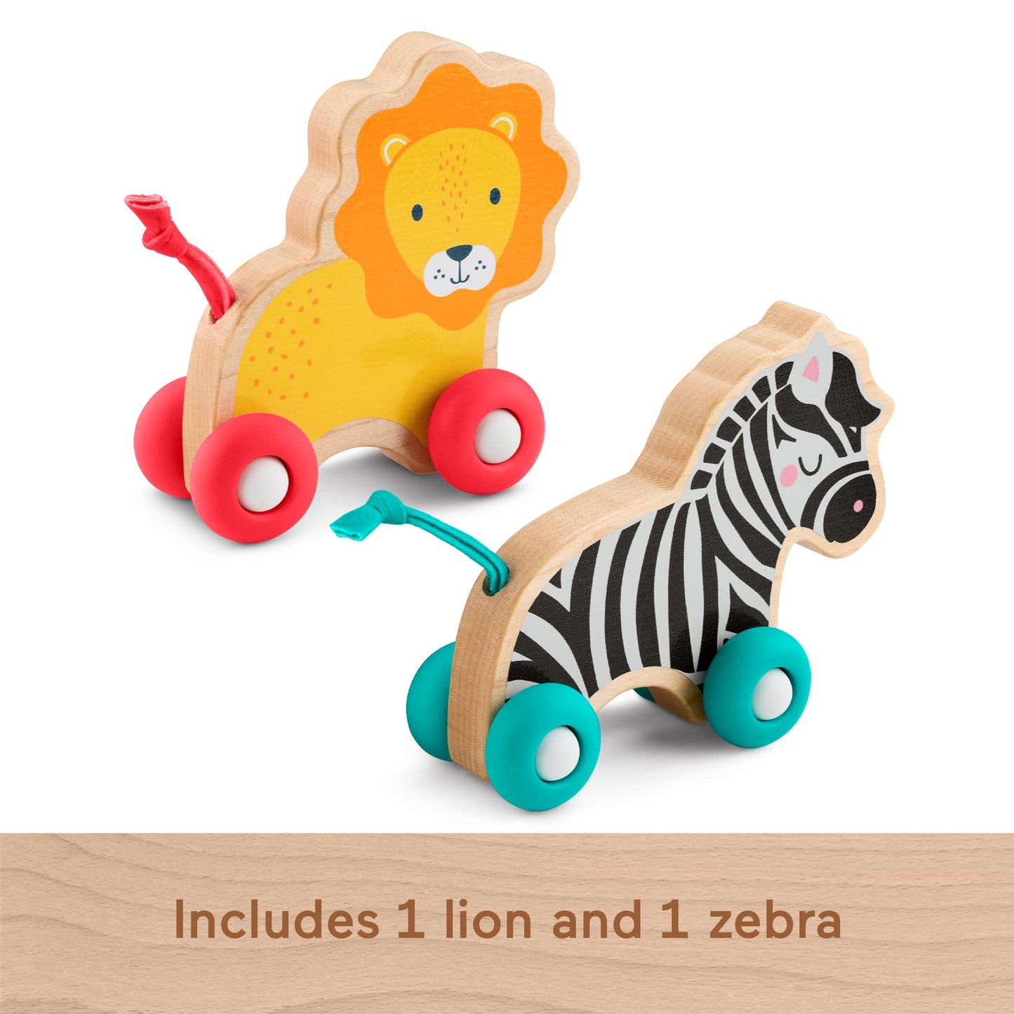 Bloomila Wooden Push Along Animals, Lion & Zebra Toy Vehicles For Baby Crawling Play