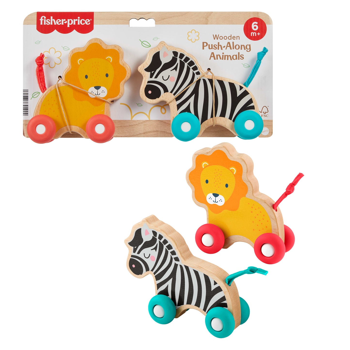 Bloomila Wooden Push Along Animals, Lion & Zebra Toy Vehicles For Baby Crawling Play
