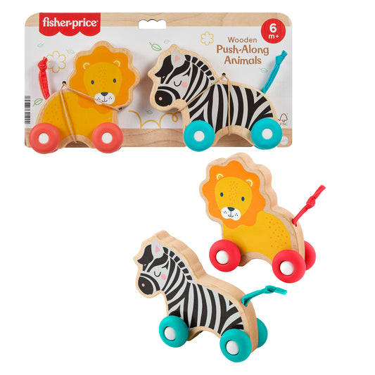 Bloomila Wooden Push Along Animals, Lion & Zebra Toy Vehicles For Baby Crawling Play